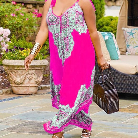 PlusSize VNeck Graphic Detail Wide Leg Jumpsuit - Picture 2 of 3